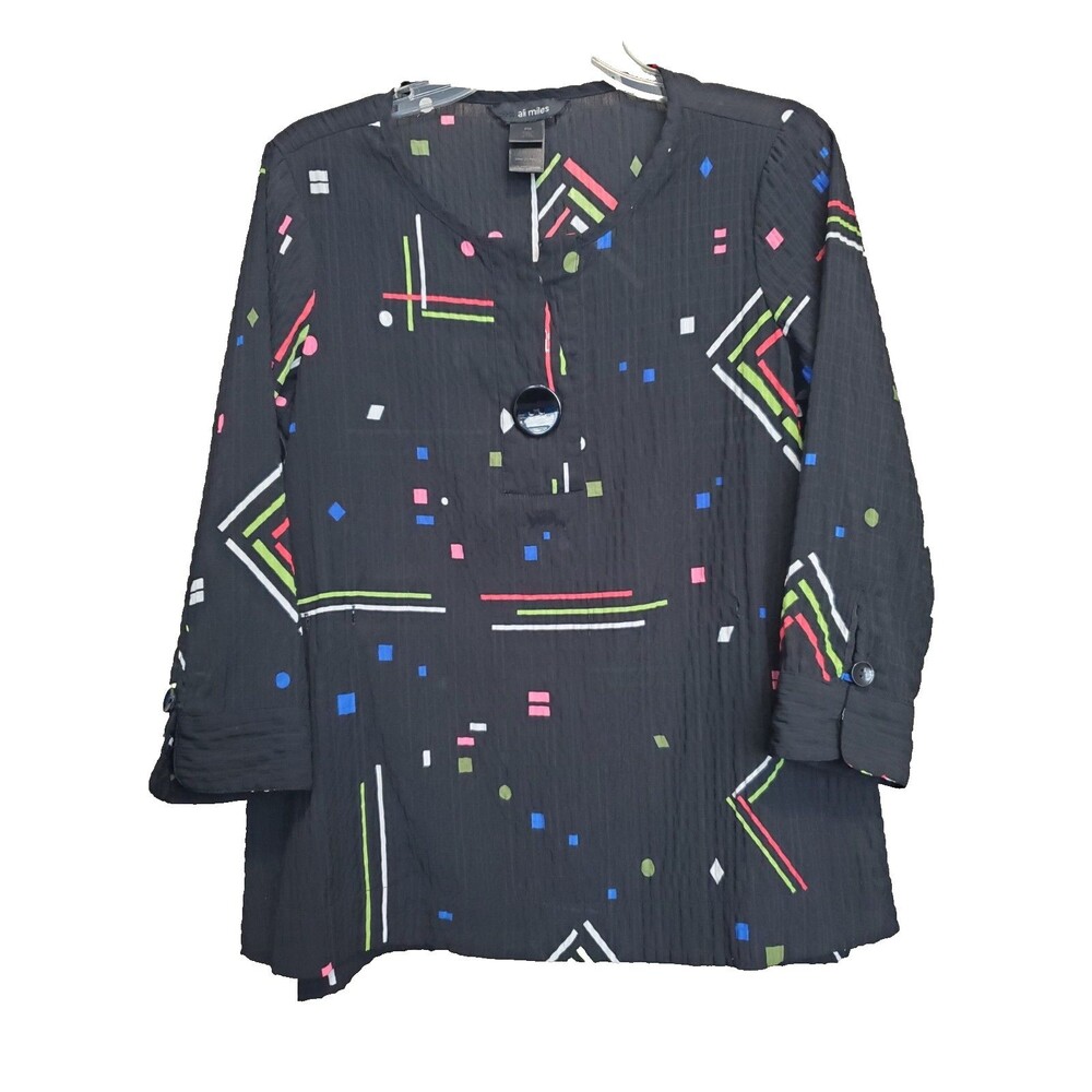 Ali Miles Black Gauzy Artsy 3/4 Sleeve Top Size PM